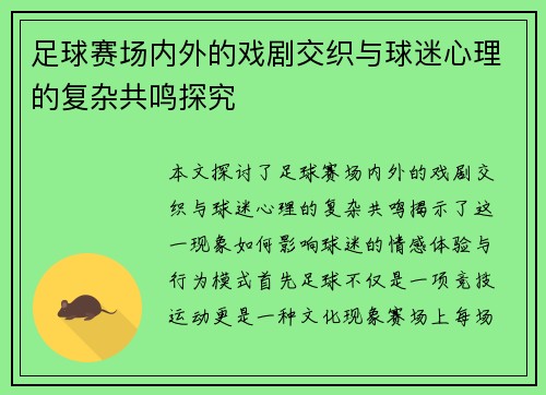 足球赛场内外的戏剧交织与球迷心理的复杂共鸣探究